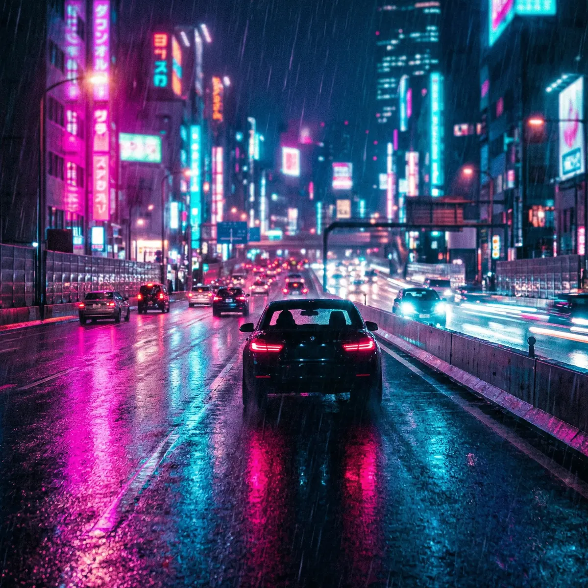 Rainy neon megacity street at night with magenta and cyan reflections on wet asphalt, dark synth-pop night-drive mood