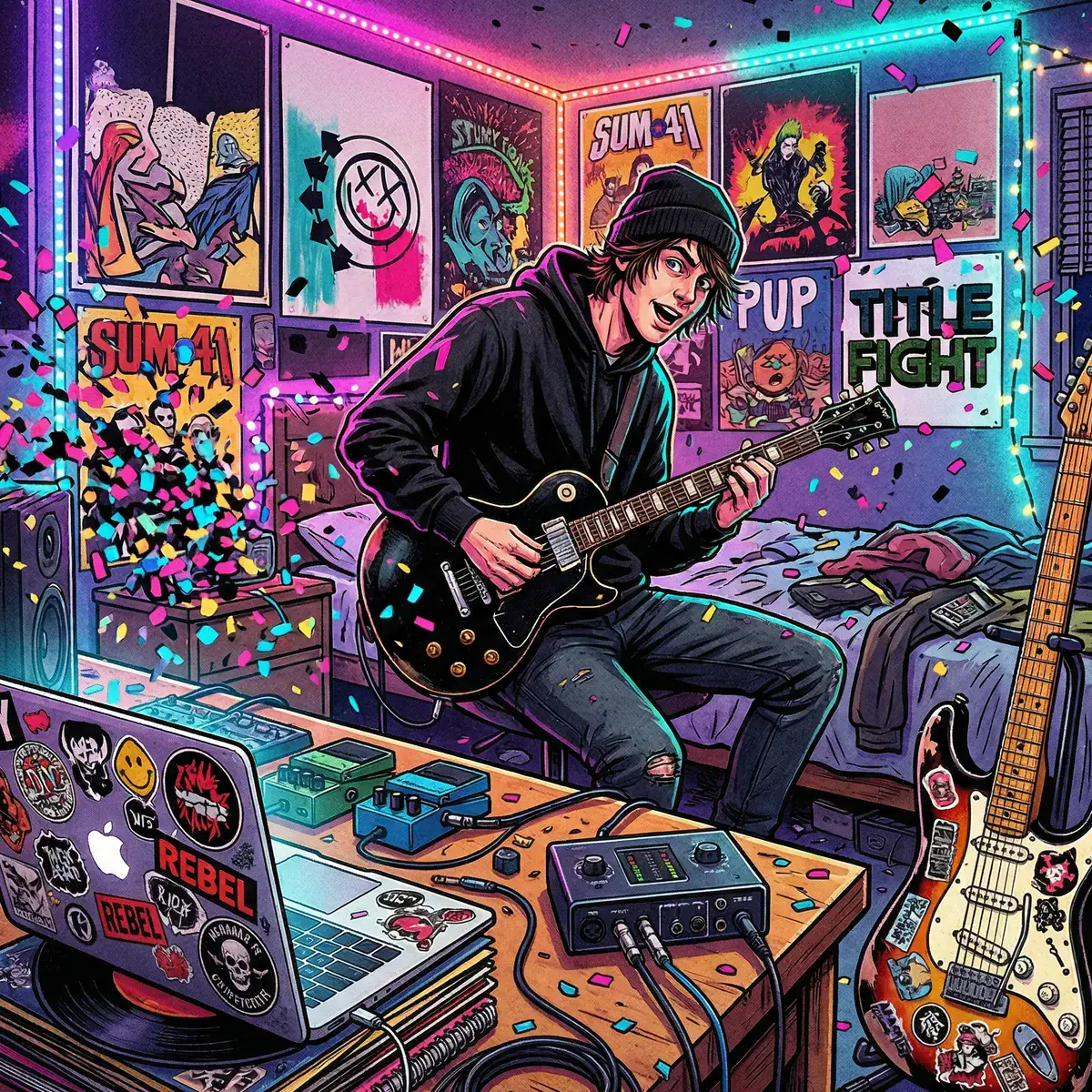 Messy bedroom studio with electric guitar, pedals, and band posters, high-energy pop-punk DIY vibe