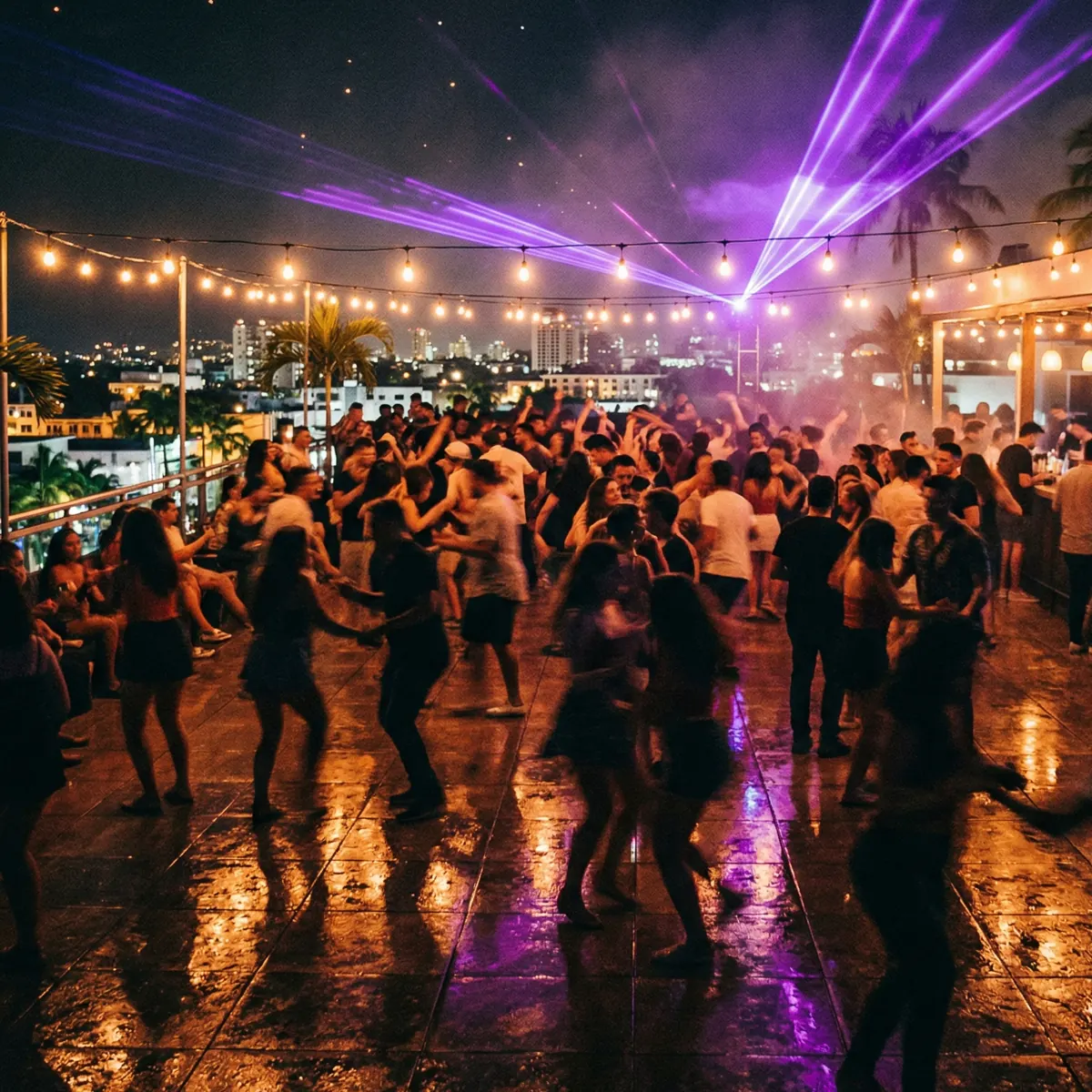 Rooftop dance floor at night with purple lasers, string lights, and city skyline, warm Latin club energy