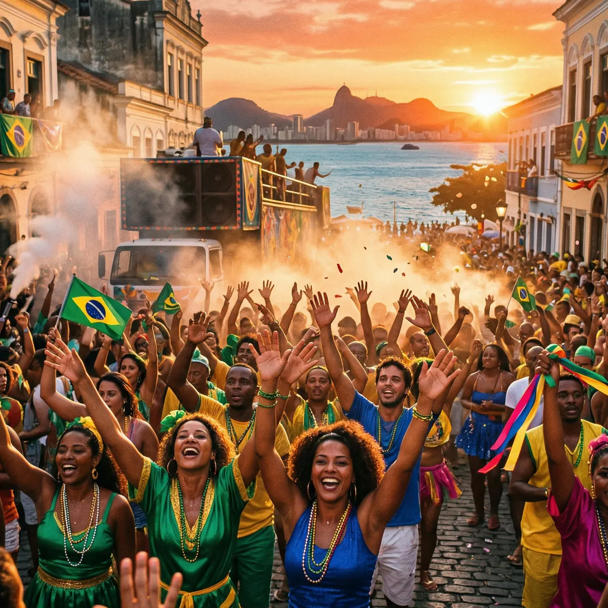 Brazilian street carnival at golden sunset, flags, crowd, and coastal mountains, festive baile funk pulse
