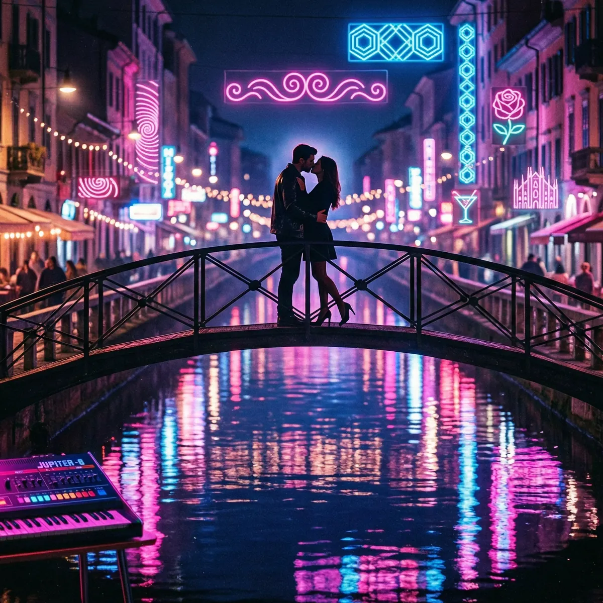 Neon-lit canal bridge at night with vintage synthesizer glow, romantic italo-disco Milan atmosphere
