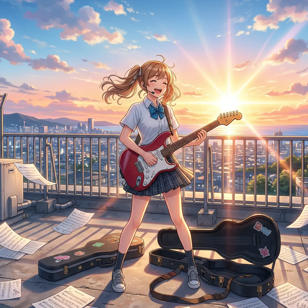 Anime-style student with red electric guitar on a school rooftop at summer sunset, bright J-pop energy