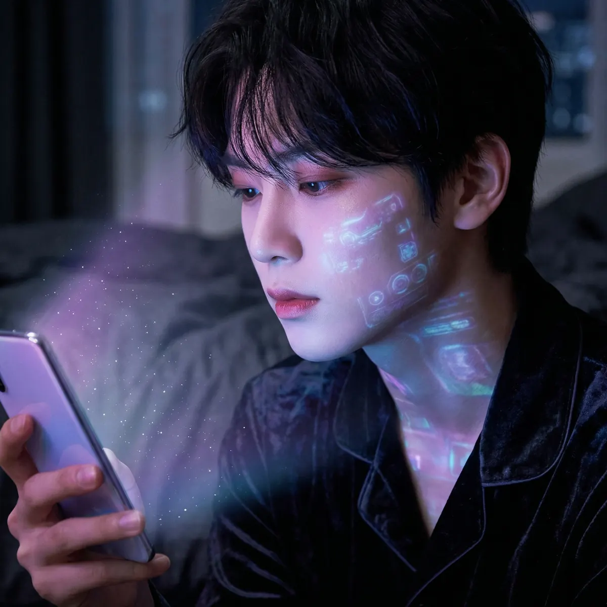 Dim bedroom at night, young man focused on a glowing phone with holographic cyan UI light on his face, solitary K-pop tech mood