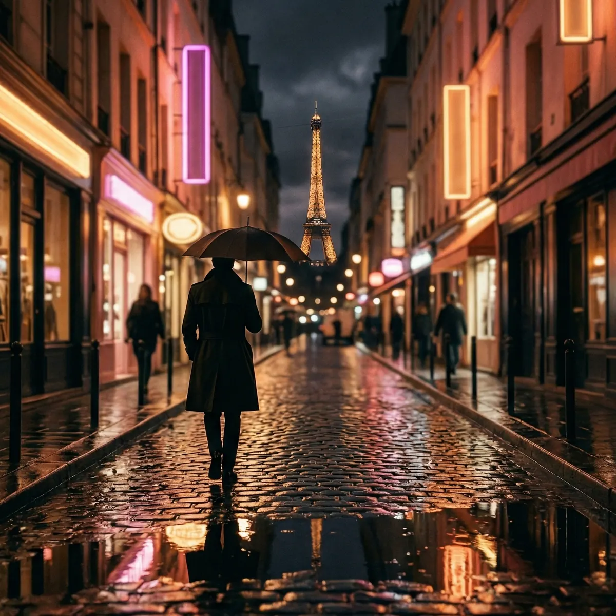 Rainy cobblestone Paris street toward the illuminated Eiffel Tower, cinematic French house night walk